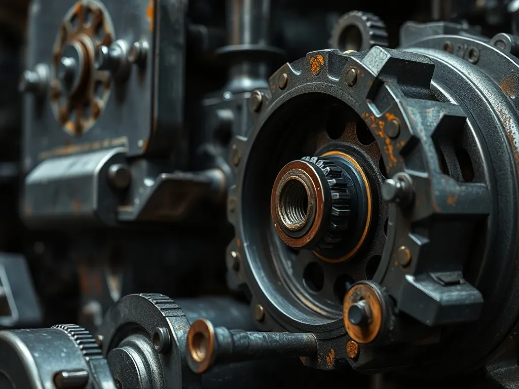 Close-up of industrial machinery parts, gears and steel stru