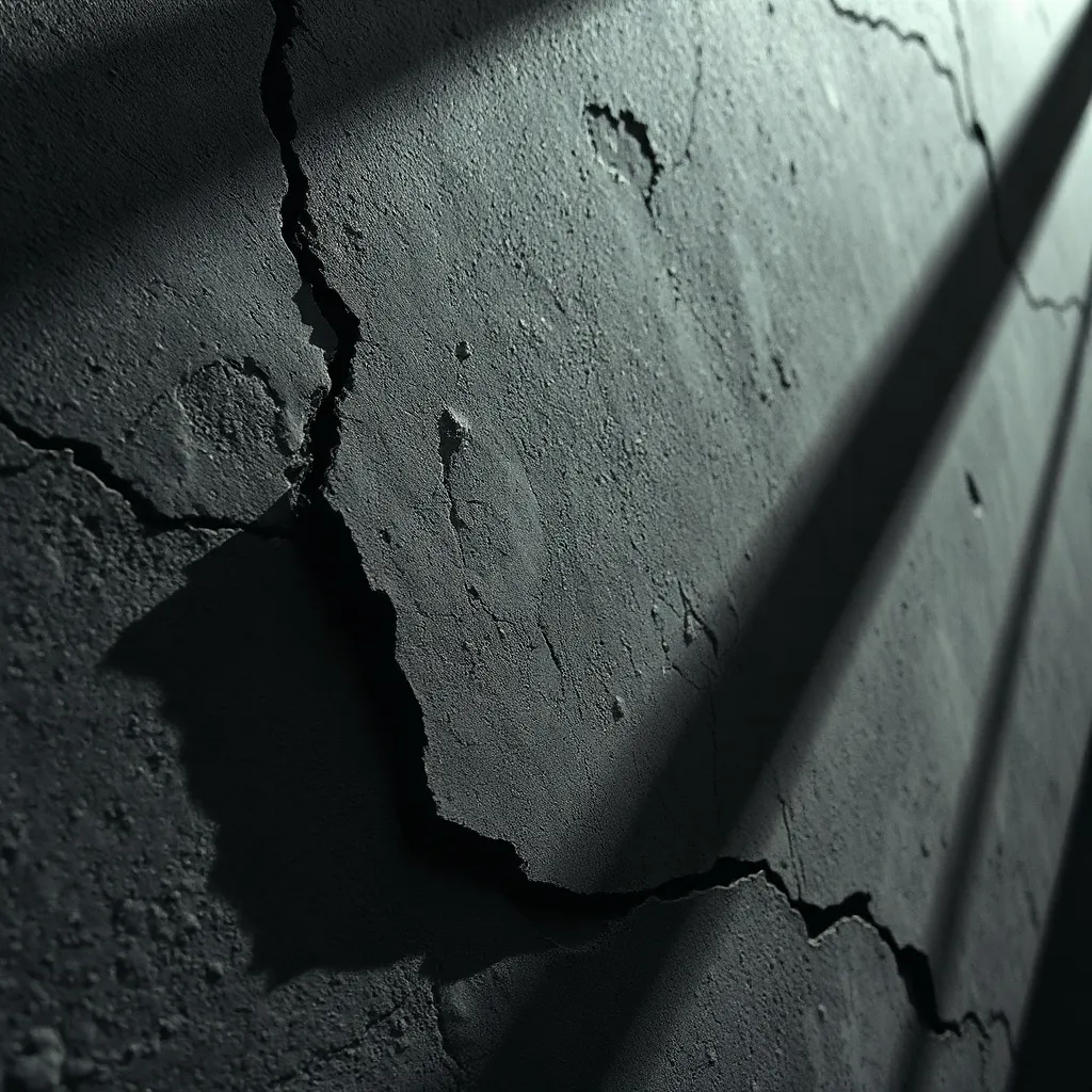 A high-contrast industrial close-up of a cracked concrete wa